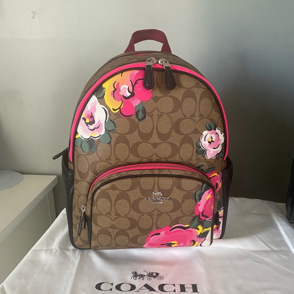 Coach Court Backpack In Signature Canvas With Vintage Rose Print - Picture 6 of 10